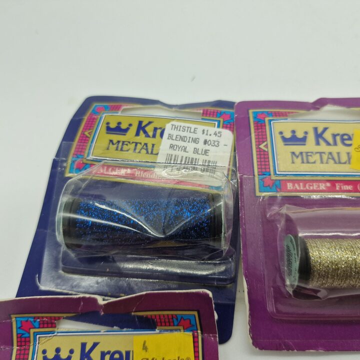 Lote de 10 Hilos de Bordar Metalizados Vintage Kreinik Balger - Oro y Plata y Azul Real - Filamento de Mezcla y Trenza No. 8