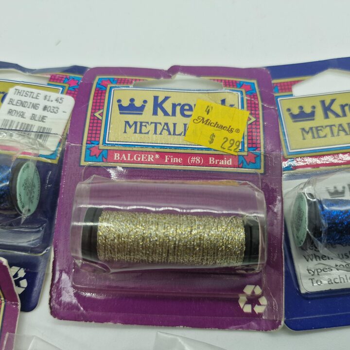 Lote de 10 Hilos de Bordar Metalizados Vintage Kreinik Balger - Oro y Plata y Azul Real - Filamento de Mezcla y Trenza No. 8