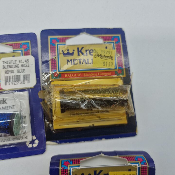 Lote de 10 Hilos de Bordar Metalizados Vintage Kreinik Balger - Oro y Plata y Azul Real - Filamento de Mezcla y Trenza No. 8
