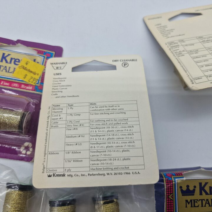 Lote de 10 Hilos de Bordar Metalizados Vintage Kreinik Balger - Oro y Plata y Azul Real - Filamento de Mezcla y Trenza No. 8