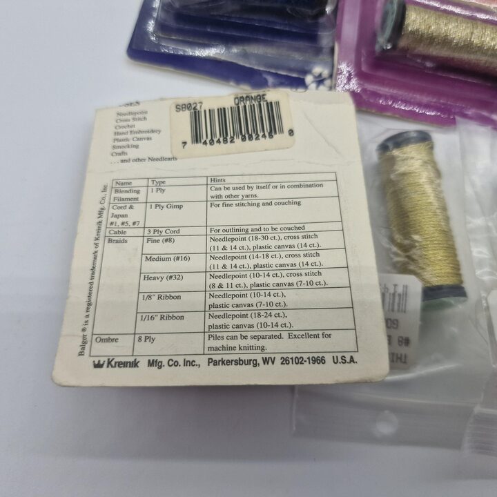 Lote de 10 Hilos de Bordar Metalizados Vintage Kreinik Balger - Oro y Plata y Azul Real - Filamento de Mezcla y Trenza No. 8