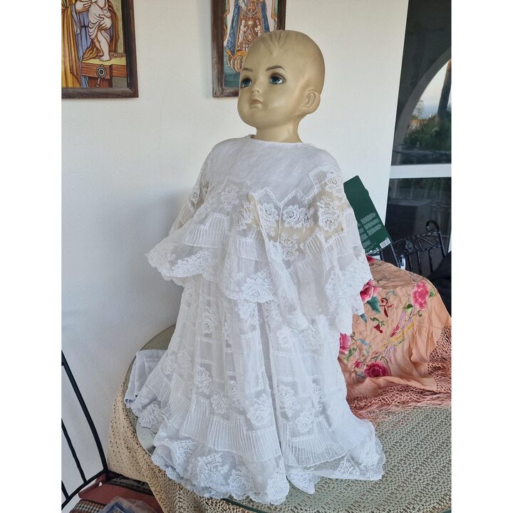 Antique Christening Gown, Handmade Batiste and Cotton Lace Baptismal Dress with Pelerine Cape, Early 20th Century Vestment
