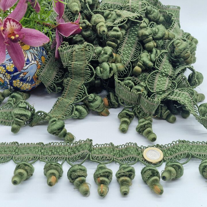 Antique 1920s Tassel Fringe – Olive Green Silk Passementerie Trim from French Bedspread, Edwardian Bullion Fringe, Sold by the…