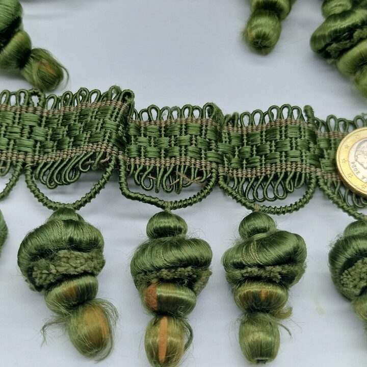 Antique 1920s Tassel Fringe – Olive Green Silk Passementerie Trim from French Bedspread, Edwardian Bullion Fringe, Sold by the…