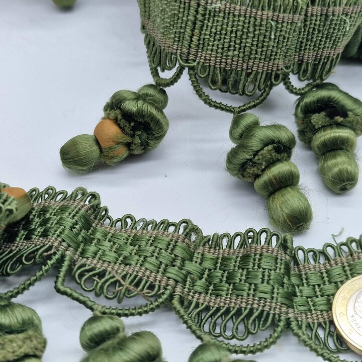 Antique 1920s Tassel Fringe – Olive Green Silk Passementerie Trim from French Bedspread, Edwardian Bullion Fringe, Sold by the…