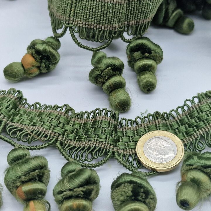 Antique 1920s Tassel Fringe – Olive Green Silk Passementerie Trim from French Bedspread, Edwardian Bullion Fringe, Sold by the…