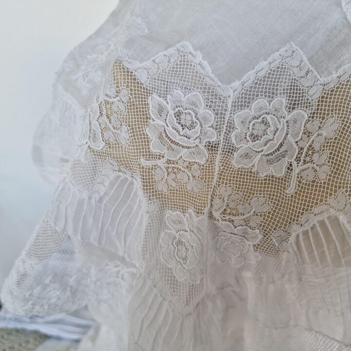 Antique Christening Gown, Handmade Batiste and Cotton Lace Baptismal Dress with Pelerine Cape, Early 20th Century Vestment