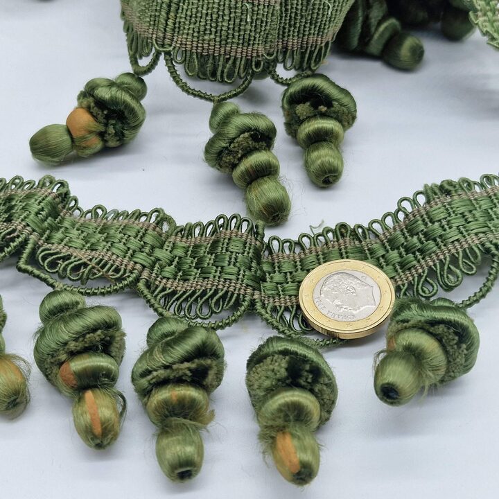 Antique 1920s Tassel Fringe – Olive Green Silk Passementerie Trim from French Bedspread, Edwardian Bullion Fringe, Sold by the…