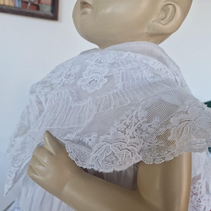 Antique Christening Gown, Handmade Batiste and Cotton Lace Baptismal Dress with Pelerine Cape, Early 20th Century Vestment