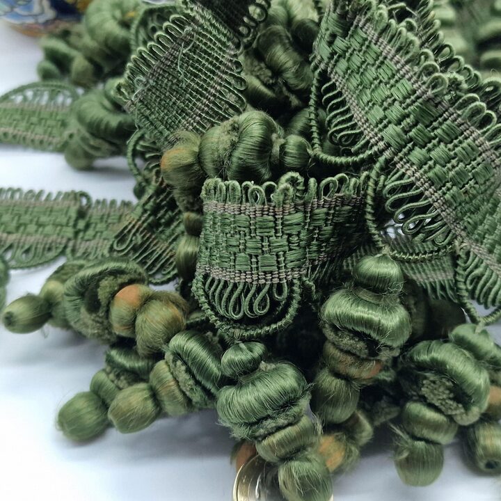 Antique 1920s Tassel Fringe – Olive Green Silk Passementerie Trim from French Bedspread, Edwardian Bullion Fringe, Sold by the…
