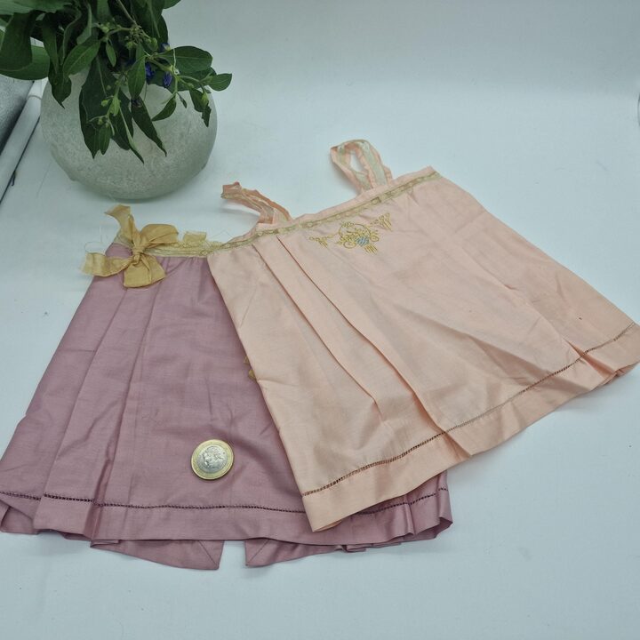 Pair of 19th Century Silk Baby Undershirts - Antique Doll Clothes - Hand Embroidered Chemises with Mother of Pearl Buttons