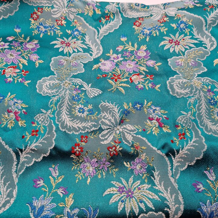 Tessuto Broccato Valenciano Vintage - Damasco Floreale Spagnolo con Filo d'Oro - Tessile Turchese per Cucito o Arredamento