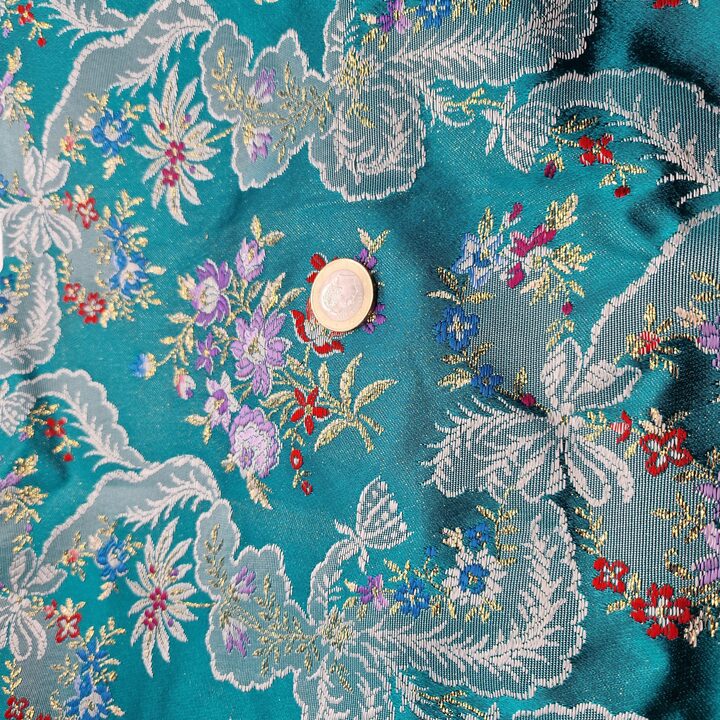 Tessuto Broccato Valenciano Vintage - Damasco Floreale Spagnolo con Filo d'Oro - Tessile Turchese per Cucito o Arredamento