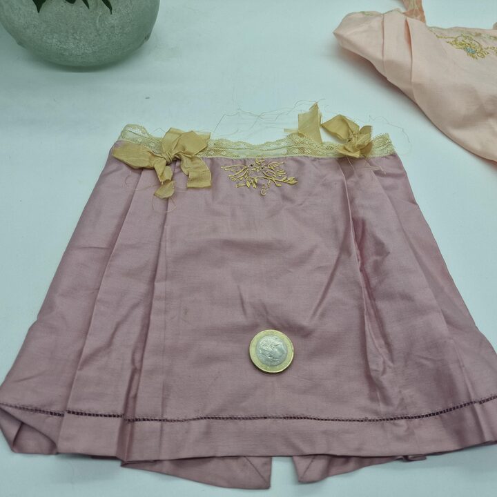 Pair of 19th Century Silk Baby Undershirts - Antique Doll Clothes - Hand Embroidered Chemises with Mother of Pearl Buttons