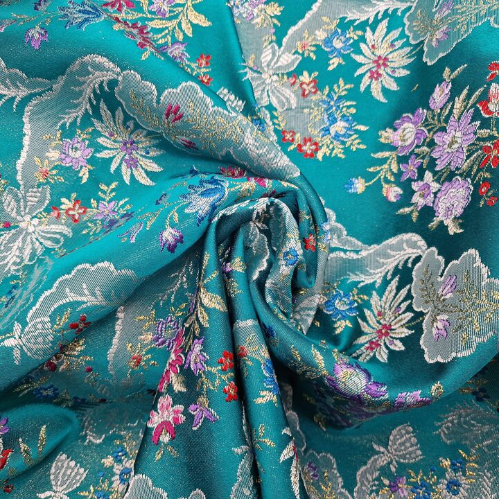 Tessuto Broccato Valenciano Vintage - Damasco Floreale Spagnolo con Filo d'Oro - Tessile Turchese per Cucito o Arredamento