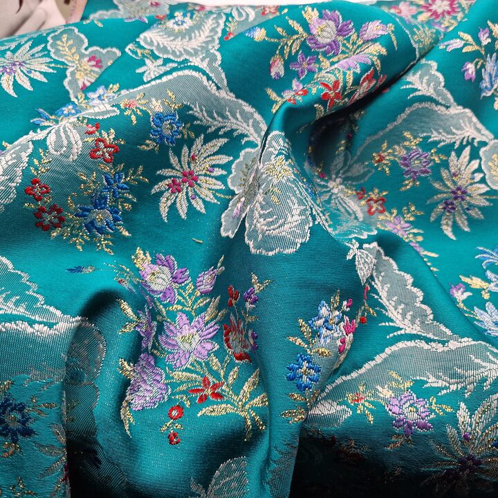 Tessuto Broccato Valenciano Vintage - Damasco Floreale Spagnolo con Filo d'Oro - Tessile Turchese per Cucito o Arredamento