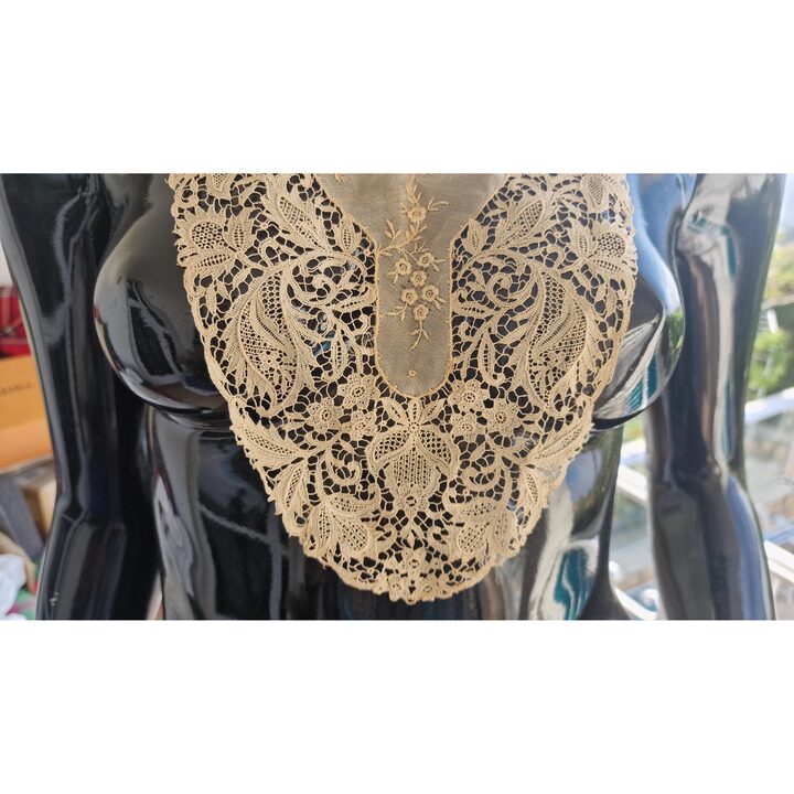 Gola de Renda Antiga Bordada à Mão sobre Tule com Flores, Estilo Art Nouveau, Aplicação de Renda de Noiva Edwardiana, 1900