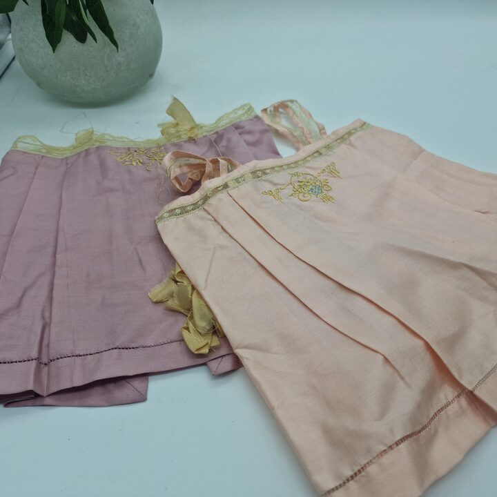 Pair of 19th Century Silk Baby Undershirts - Antique Doll Clothes - Hand Embroidered Chemises with Mother of Pearl Buttons
