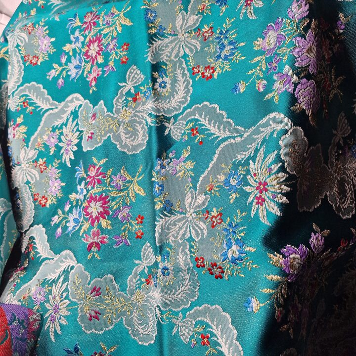 Vintage Valenciaans Brokaat Stof - Traditioneel Spaans Bloemen Damast met Gouddraad - Turkoois Zijde Mix Textiel voor Naaien of…