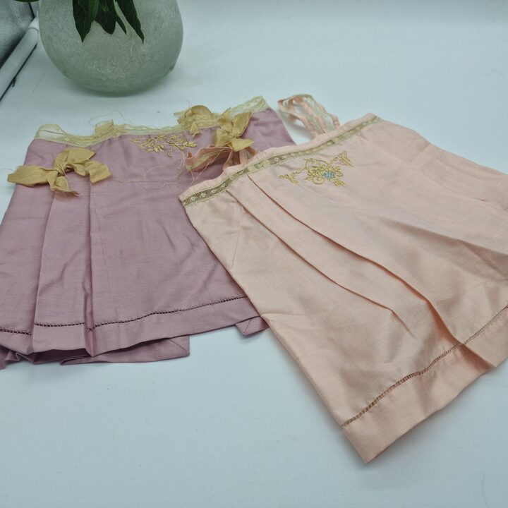 Pair of 19th Century Silk Baby Undershirts - Antique Doll Clothes - Hand Embroidered Chemises with Mother of Pearl Buttons