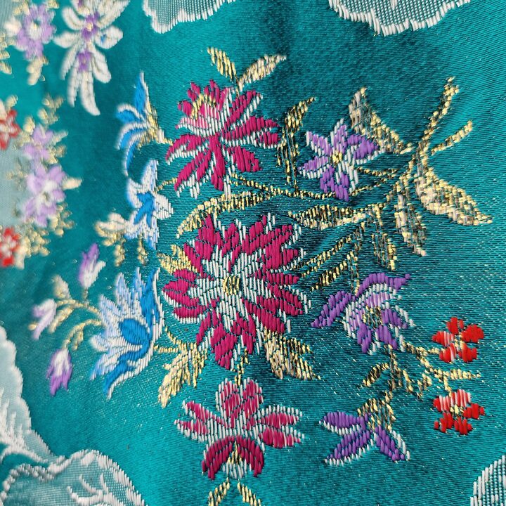 Vintage Valencian Brocade Fabric - Traditional Spanish Floral Damask with Gold Thread - Turquoise Silk Blend Textile for Sewing…