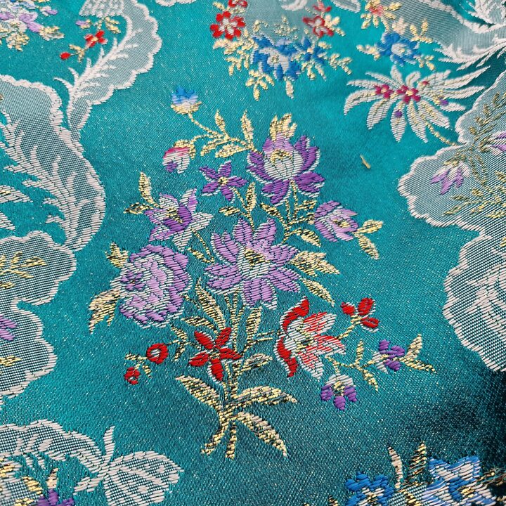 Tessuto Broccato Valenciano Vintage - Damasco Floreale Spagnolo con Filo d'Oro - Tessile Turchese per Cucito o Arredamento