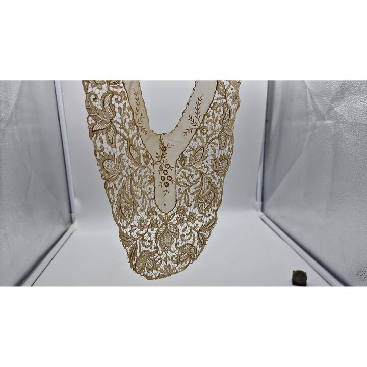 Gola de Renda Antiga Bordada à Mão sobre Tule com Flores, Estilo Art Nouveau, Aplicação de Renda de Noiva Edwardiana, 1900