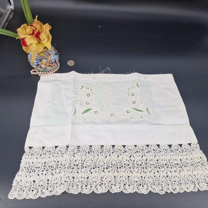 Antique Handmade Linen Lace Panel 40x40cm Hand Embroidered Floral Motif Richelieu Lace Fragment Trousseau Cushion Cover Project…