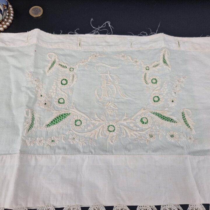 Antique Handmade Linen Lace Panel 40x40cm Hand Embroidered Floral Motif Richelieu Lace Fragment Trousseau Cushion Cover Project…