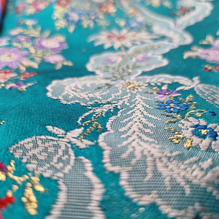 Vintage Valencian Brocade Fabric - Traditional Spanish Floral Damask with Gold Thread - Turquoise Silk Blend Textile for Sewing…
