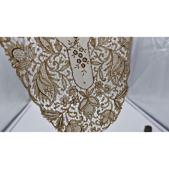 Gola de Renda Antiga Bordada à Mão sobre Tule com Flores, Estilo Art Nouveau, Aplicação de Renda de Noiva Edwardiana, 1900