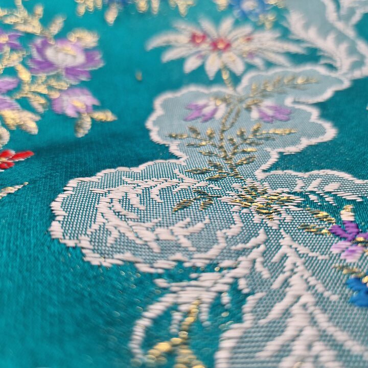 Tessuto Broccato Valenciano Vintage - Damasco Floreale Spagnolo con Filo d'Oro - Tessile Turchese per Cucito o Arredamento