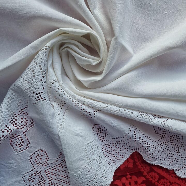 Lençol de Cama Antigo em Linho e Tecido de Fronha, Conjunto de Enxoval Bordado a Mao Bainha Aberta, Linho Sem Uso, 1930s