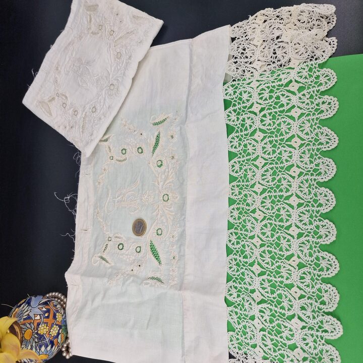 Antique Handmade Linen Lace Panel 40x40cm Hand Embroidered Floral Motif Richelieu Lace Fragment Trousseau Cushion Cover Project…