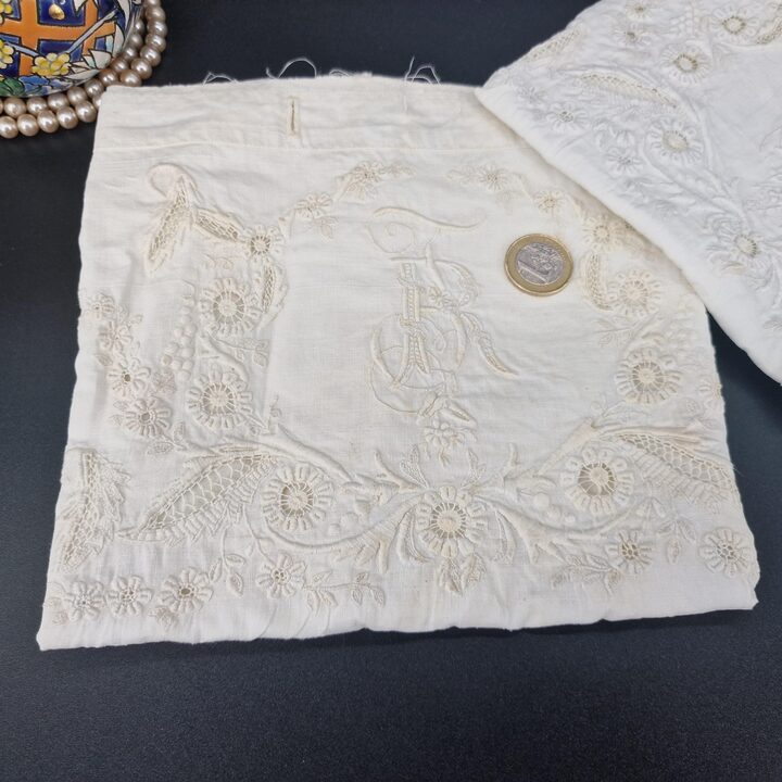 Antique Handmade Linen Lace Panel 40x40cm Hand Embroidered Floral Motif Richelieu Lace Fragment Trousseau Cushion Cover Project…