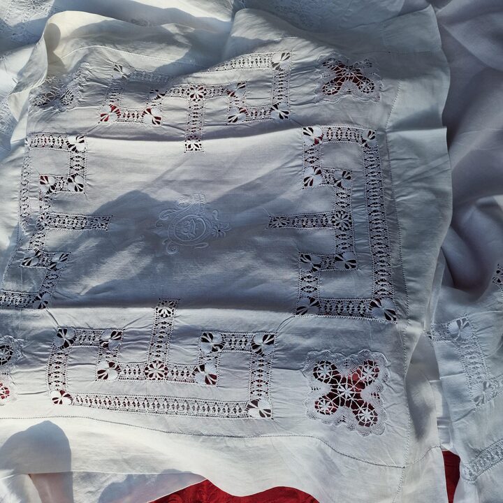 Jogo de Cama de Linho Antigo, Bordado a Mao Bainha Merezhka, Lencol e 3 Fronhas, 4 Pecas, Inicio do Seculo XX