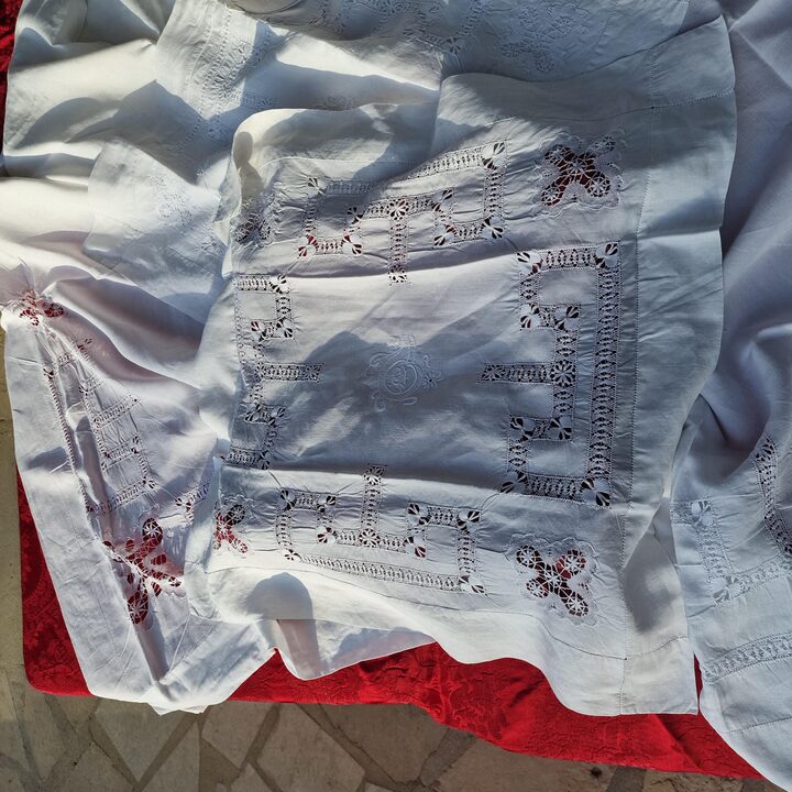 Jogo de Cama de Linho Antigo, Bordado a Mao Bainha Merezhka, Lencol e 3 Fronhas, 4 Pecas, Inicio do Seculo XX