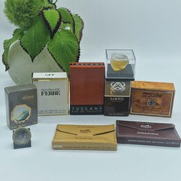 Lote de 8 Miniaturas de Perfume Vintage, Jean Patou Pour Homme, Hermes, Loewe, Gianfranco Ferre, Aramis Tuscany, Montana, Caja…
