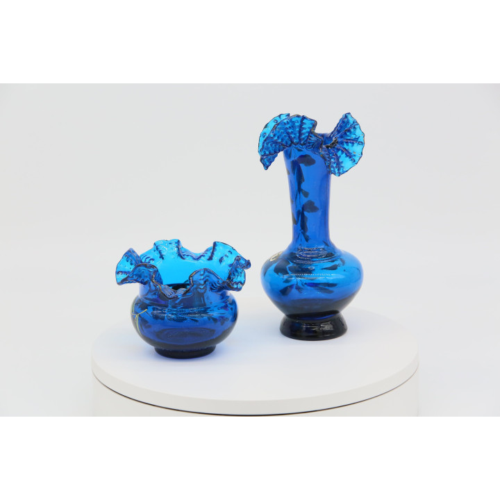 Pareja de jarrones vintage cristal azul cobalto años 70