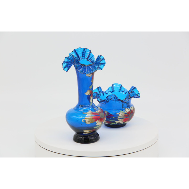 Paire de vases vintage en verre bleu cobalt années 70