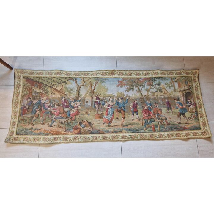 Wytworny Gobelin Żakardowy Styl Flamandzki Scena Jarmarku 150x56 cm Mid Century Dekoracja Ścienna Retro Europejski Rustykalny