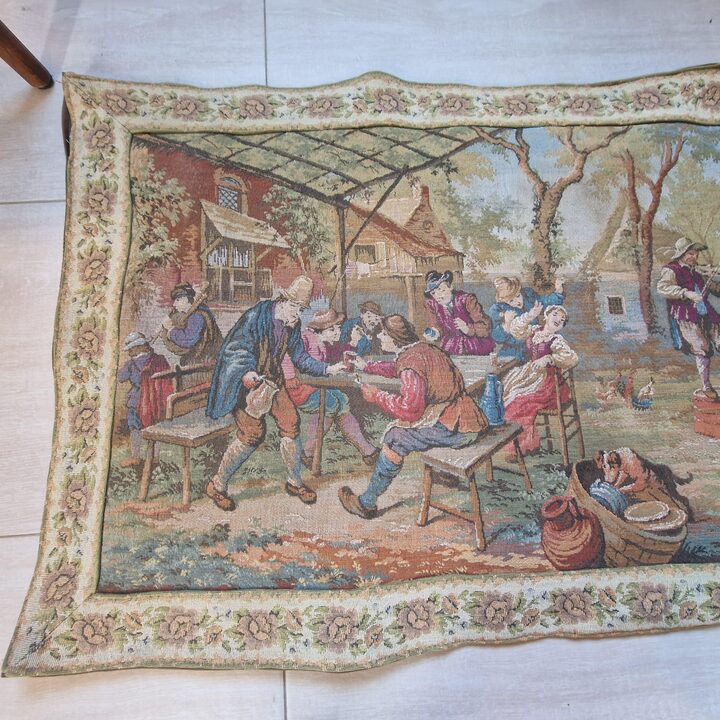 Arazzo Jacquard Vintage Stile Fiammingo Scena di Fiera 150x56 cm Decorazione Parete Mid Century Rétro Rustico Europeo