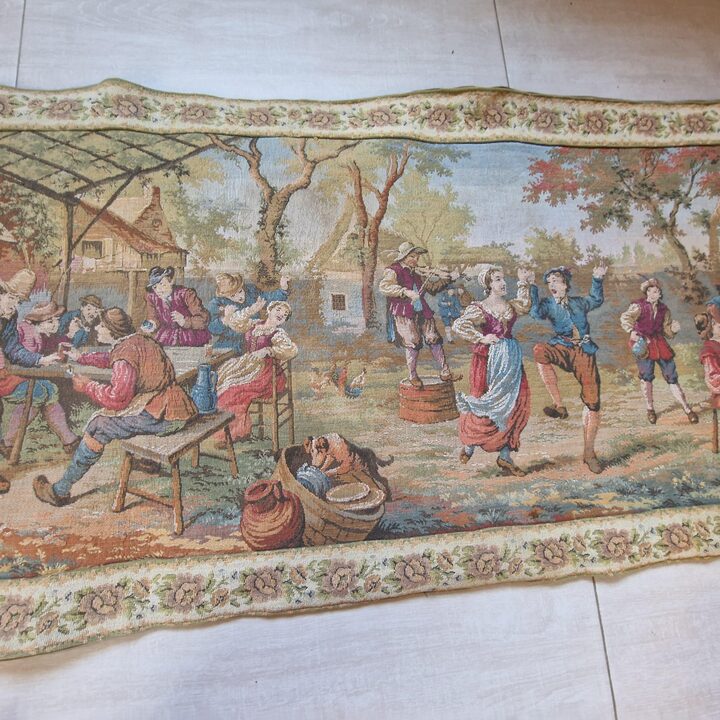 Arazzo Jacquard Vintage Stile Fiammingo Scena di Fiera 150x56 cm Decorazione Parete Mid Century Rétro Rustico Europeo