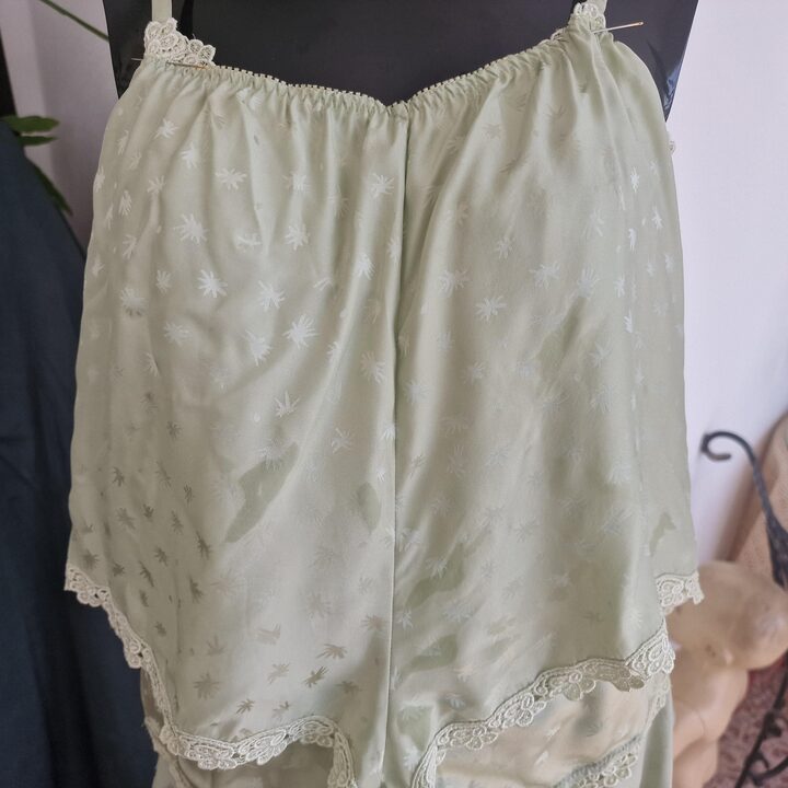 Inspiration Lingerie set and camisole, 1980s, sage green silk with lace and tap pants, Size S