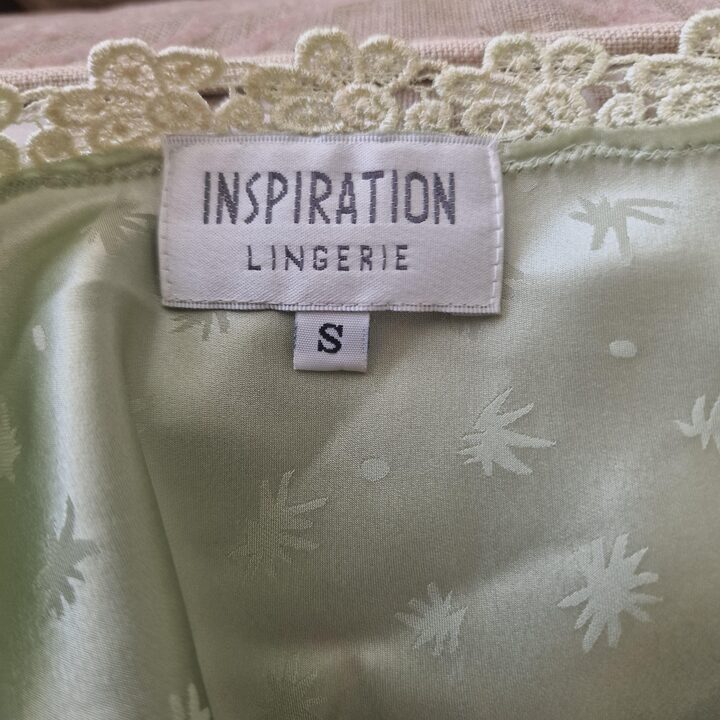 Inspiration Lingerie set and camisole, 1980s, sage green silk with lace and tap pants, Size S