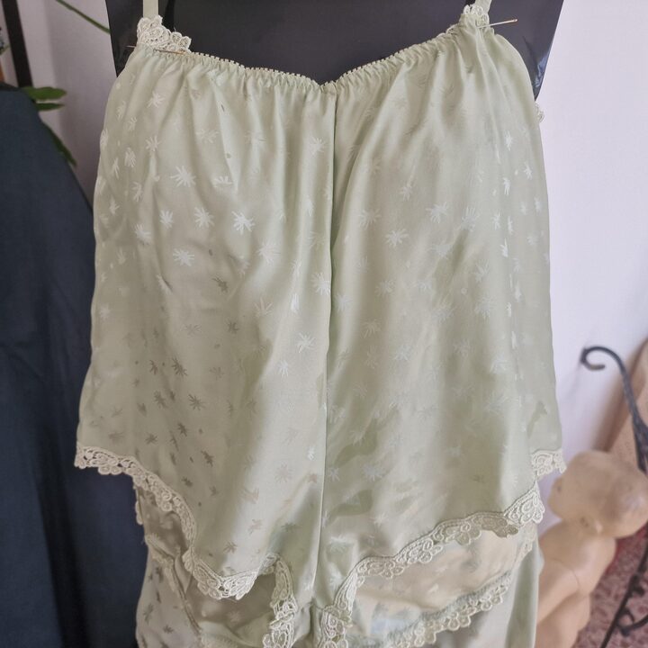 Inspiration Lingerie set and camisole, 1980s, sage green silk with lace and tap pants, Size S