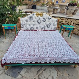 Copriletto Tovaglia a Uncinetto Vintage, Coperta in Pizzo di Cotone Beige Fatto a Mano, 180 x 200 cm, Anni 70