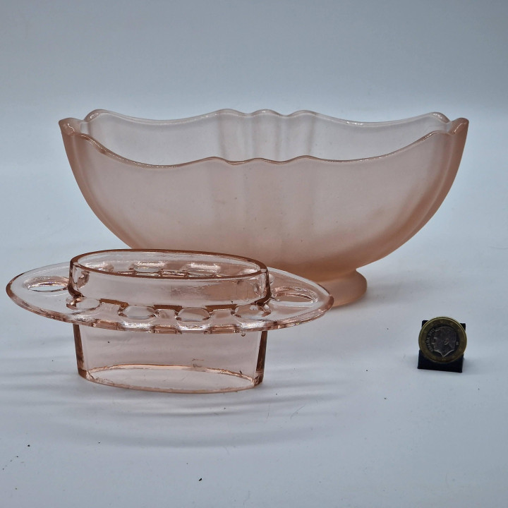 Vintage 1940s Art Deco Pink Satin Glass Bowl with Flower Frog