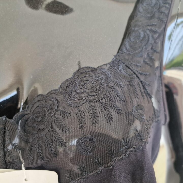 Vintage full slip, Marie Claire 1980s petticoat, black polyamide lingerie with embroidered floral lace, classic Spanish brand,…