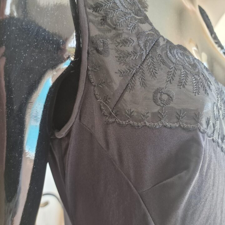 Vintage full slip, Marie Claire 1980s petticoat, black polyamide lingerie with embroidered floral lace, classic Spanish brand,…